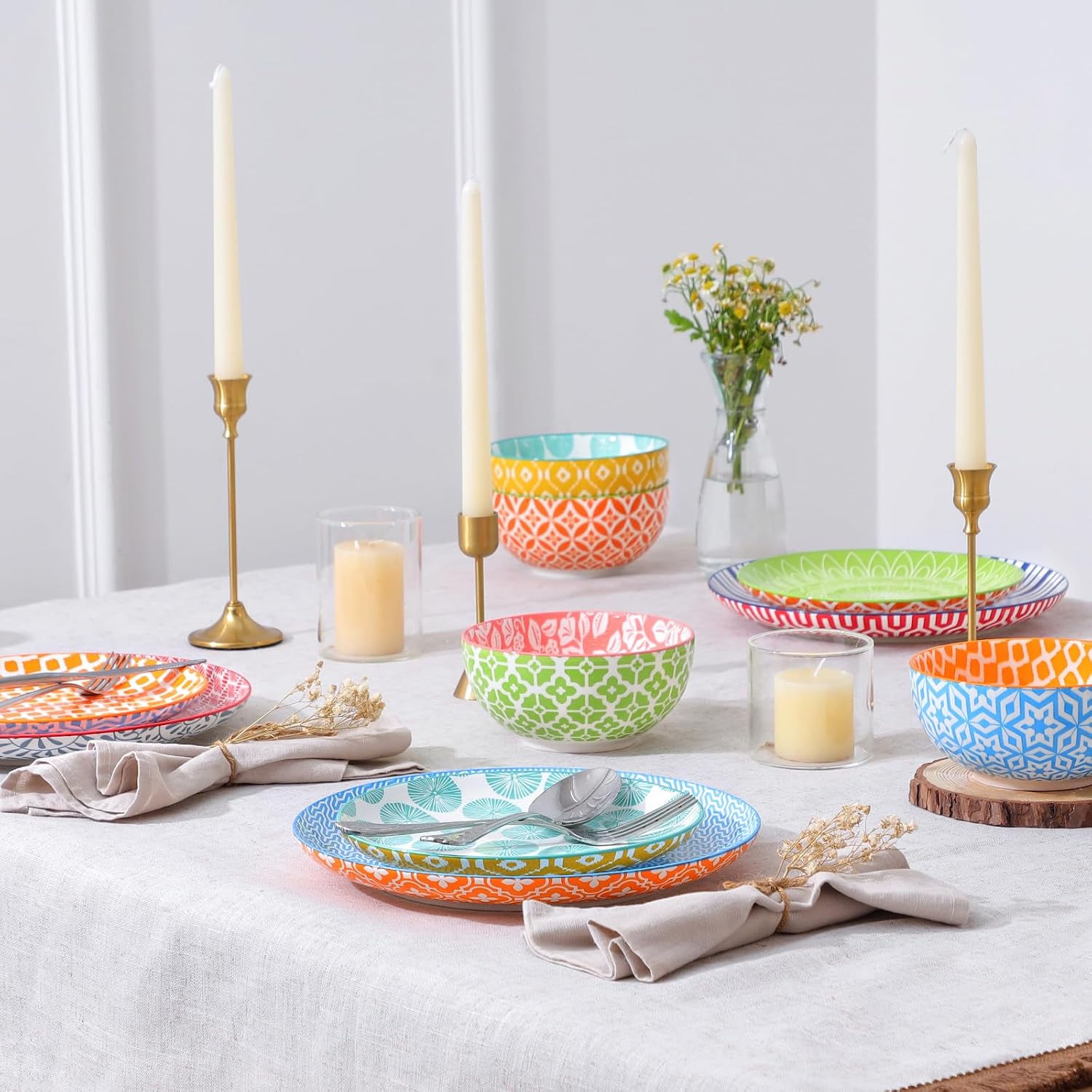 Selamica Ceramic Plates and Bowls Sets,24 Pieces Dinnerware Sets for 8,Scratch Resistant Dish Set for family gathering,Dishwasher & Microwave Safe, Assorted Colors