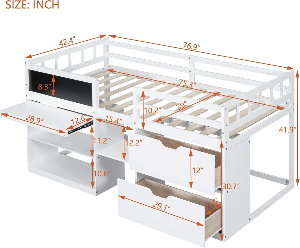 JIVOIT Wooden Low Loft Bed Frame with Rolling Desk, Two Drawers and Two-Tier Bookshelf, Twin Size Loft Bed with Blackboard, Full-Length Guardrail and Built-in Stair (White with Rolling Desk 013)