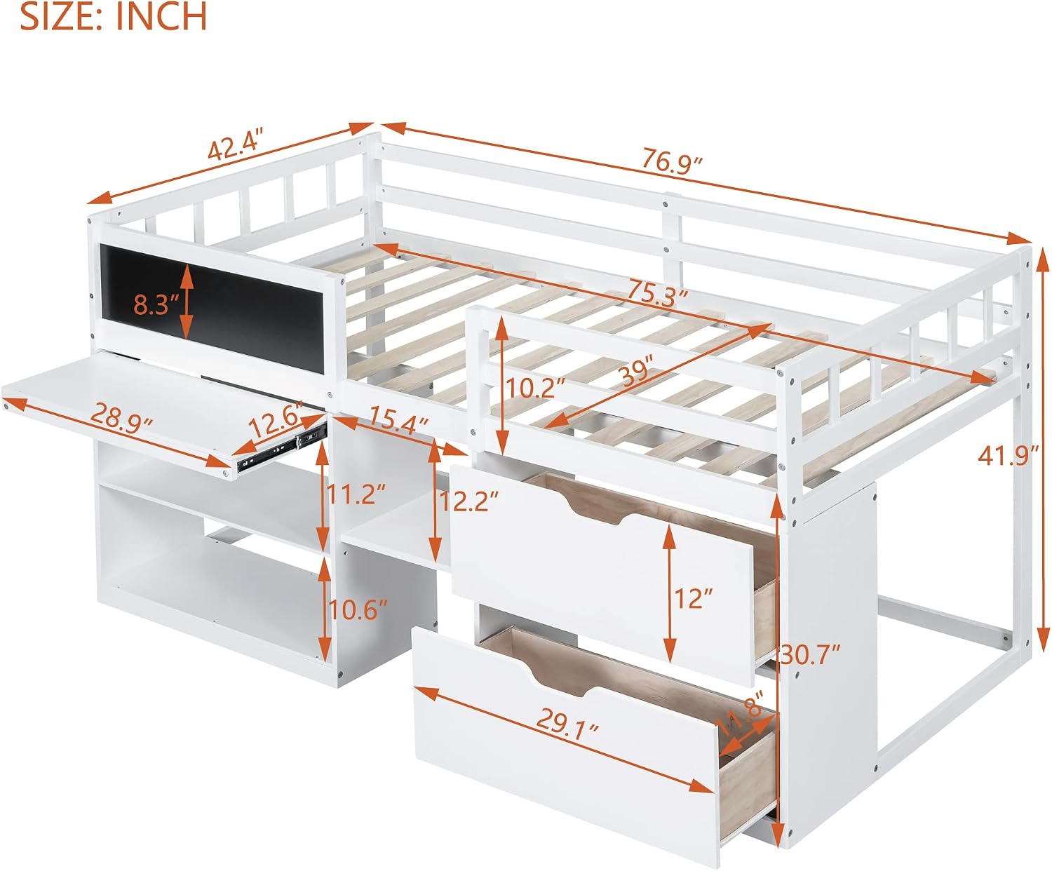 JIVOIT Wooden Low Loft Bed Frame with Rolling Desk, Two Drawers and Two-Tier Bookshelf, Twin Size Loft Bed with Blackboard, Full-Length Guardrail and Built-in Stair (White with Rolling Desk 013)