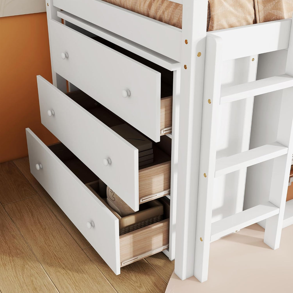 Twin Loft Bed, Multifunctional Loft Bed with Drawer Cabinet, Shelf Cabinet and Pulling-Out Desk, Flexible Under-bed Storage Space, Rubber Wood Loft Bed with Safety Guardrail and Ladder (White/261)