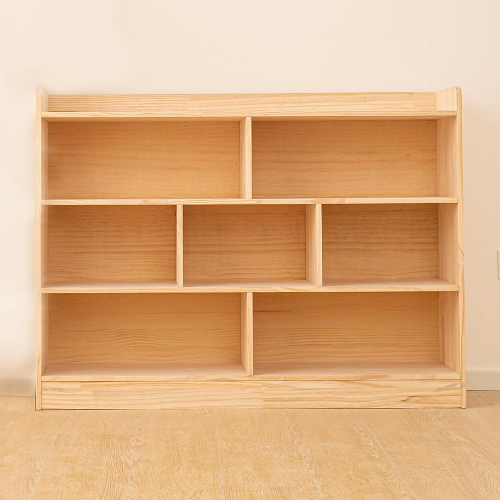 Wooden 7 Compartment Storage Cabinet Organizer Kids 3 Tier Wood Bookshelf School Storage Shelf Classroom Furniture for Kids Natural (47.24' L x 11.81' W x 35.43' H)