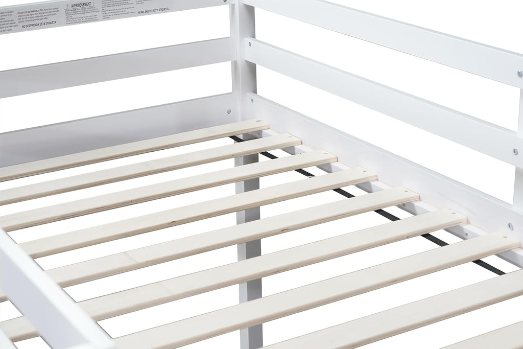 JIVOIT Wood Low Loft Bed Frame with Ladder, Solid Rubber Wooden Twin Loft Bed, Bed Platform of Strengthened Slats, Space Saving Design, No Box Spring Needed (White,104)