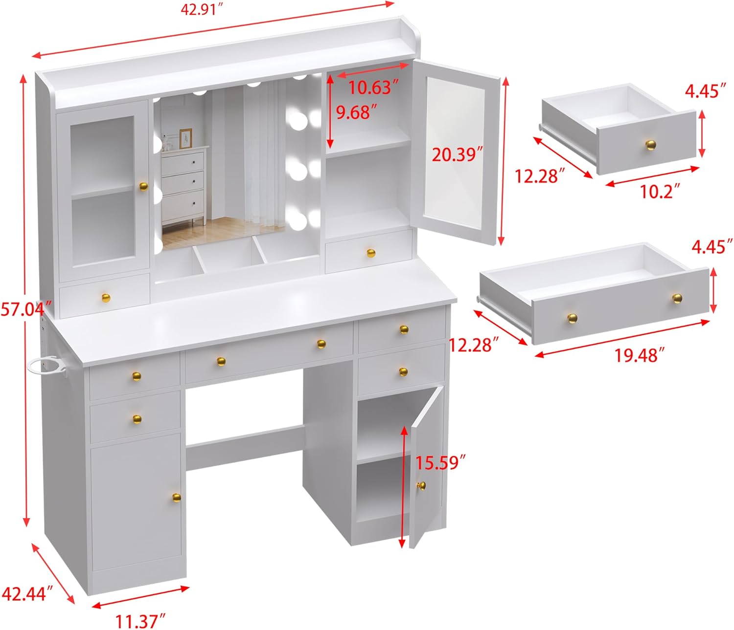 Wodeer Vanity Desk with Mirror and Lights, 43' White Makeup Vanity Set with 5 Drawers & Glass Cabinets, Makeup Tray, Power Outlet & Adjustable LED Lights, Dressing Table for Women Girls Bedroom