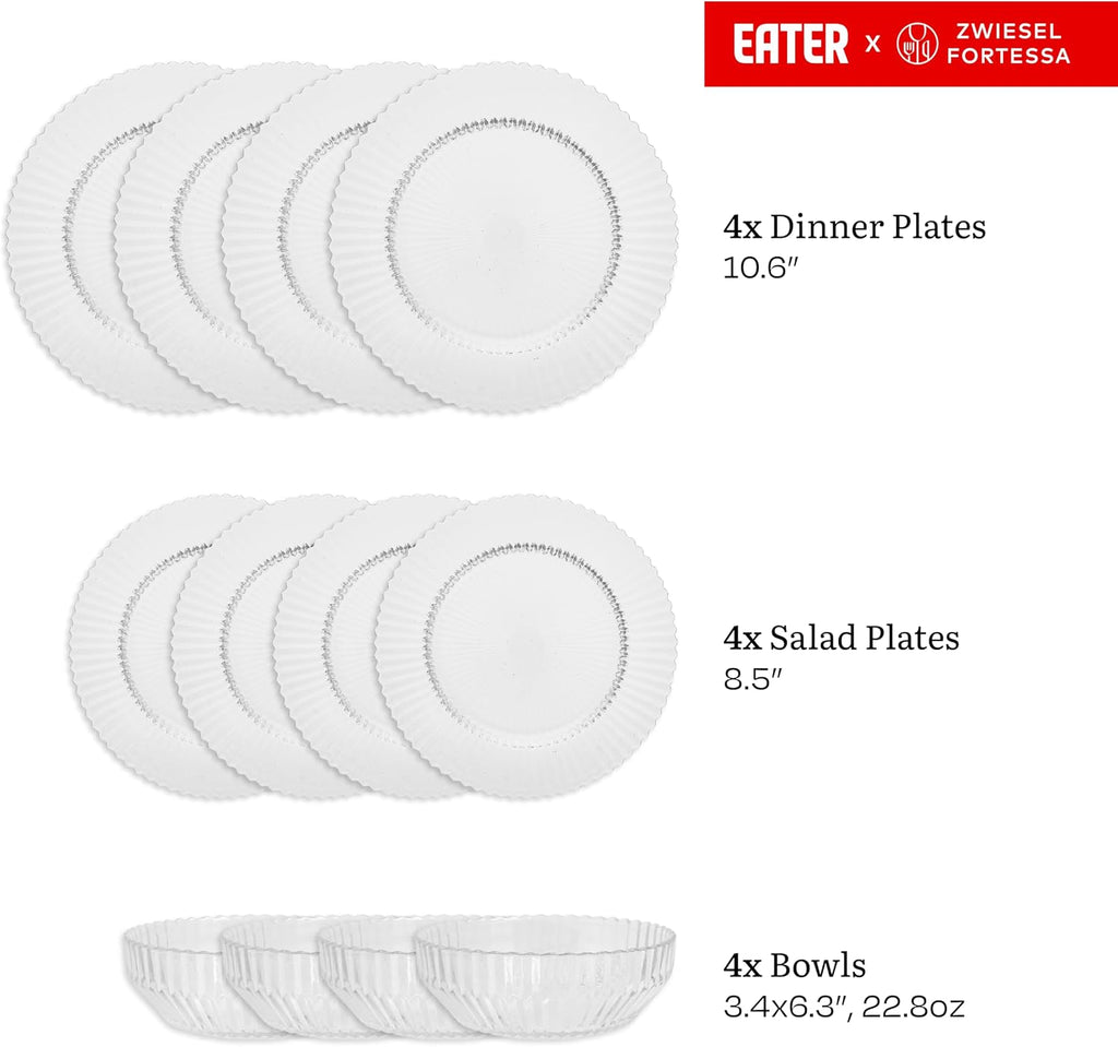 Eater x Zwiesel Fortessa Seraphina Glass, 12 Piece Dinnerware Set (Service for 4), Clear
