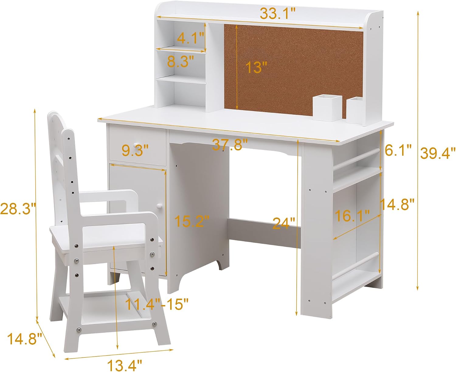 Garvee Kids Desk, Study Desk and Chair Set for Boys and Girl, Wooden Kids Writing Table with Bookshelf, Bulletin Board, Cabinet and Drawer for Ages 3-8, White