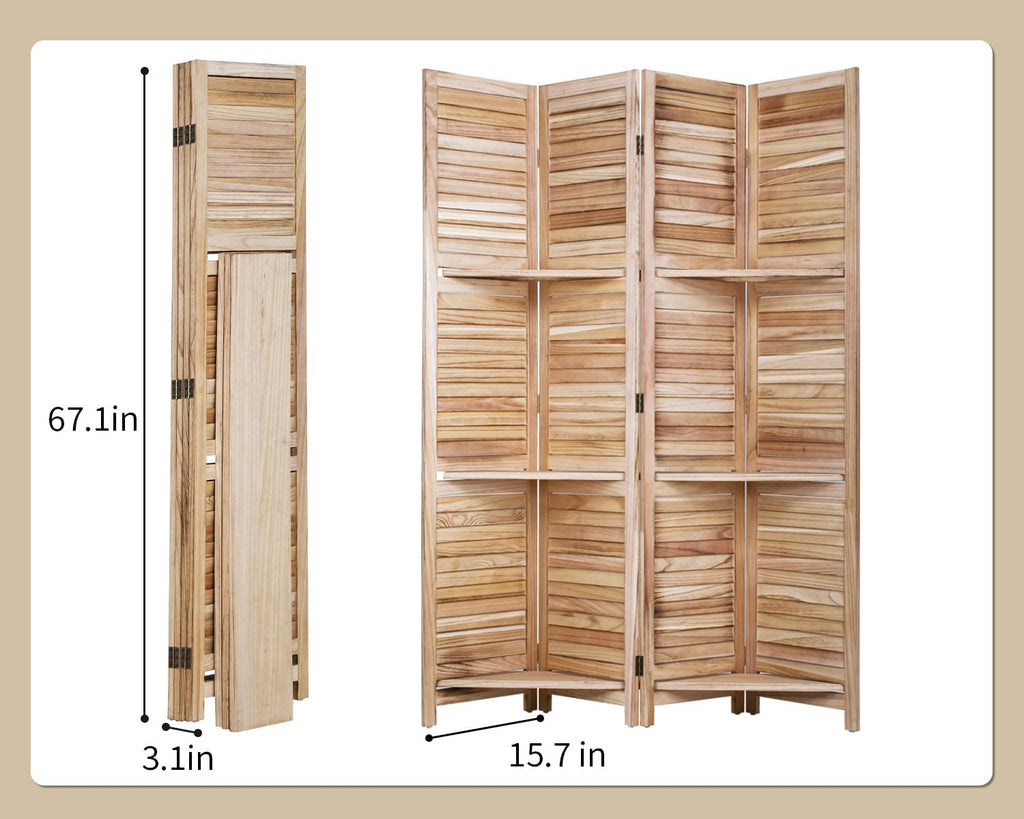 4 Panel Room Divider Folding Privacy Wooden Screen with Three Clever Shelf Portable Partition Wood Divider for Home Office, Natural