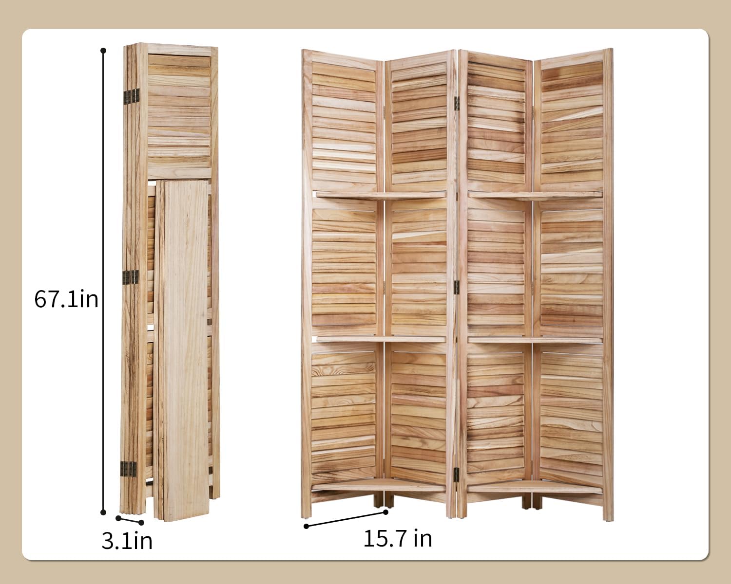 4 Panel Room Divider Folding Privacy Wooden Screen with Three Clever Shelf Portable Partition Wood Divider for Home Office, Natural