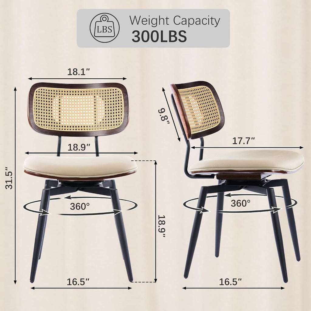 Dining Chairs, Swivel Dining Chairs Set of 6, Faux Leather & Rattan Walnut Dining Room Chairs, Bentwood & Metal Frame Upholstered Chairs with 360°Rotation, Modern Kitchen/Living Room Chairs (Beige)