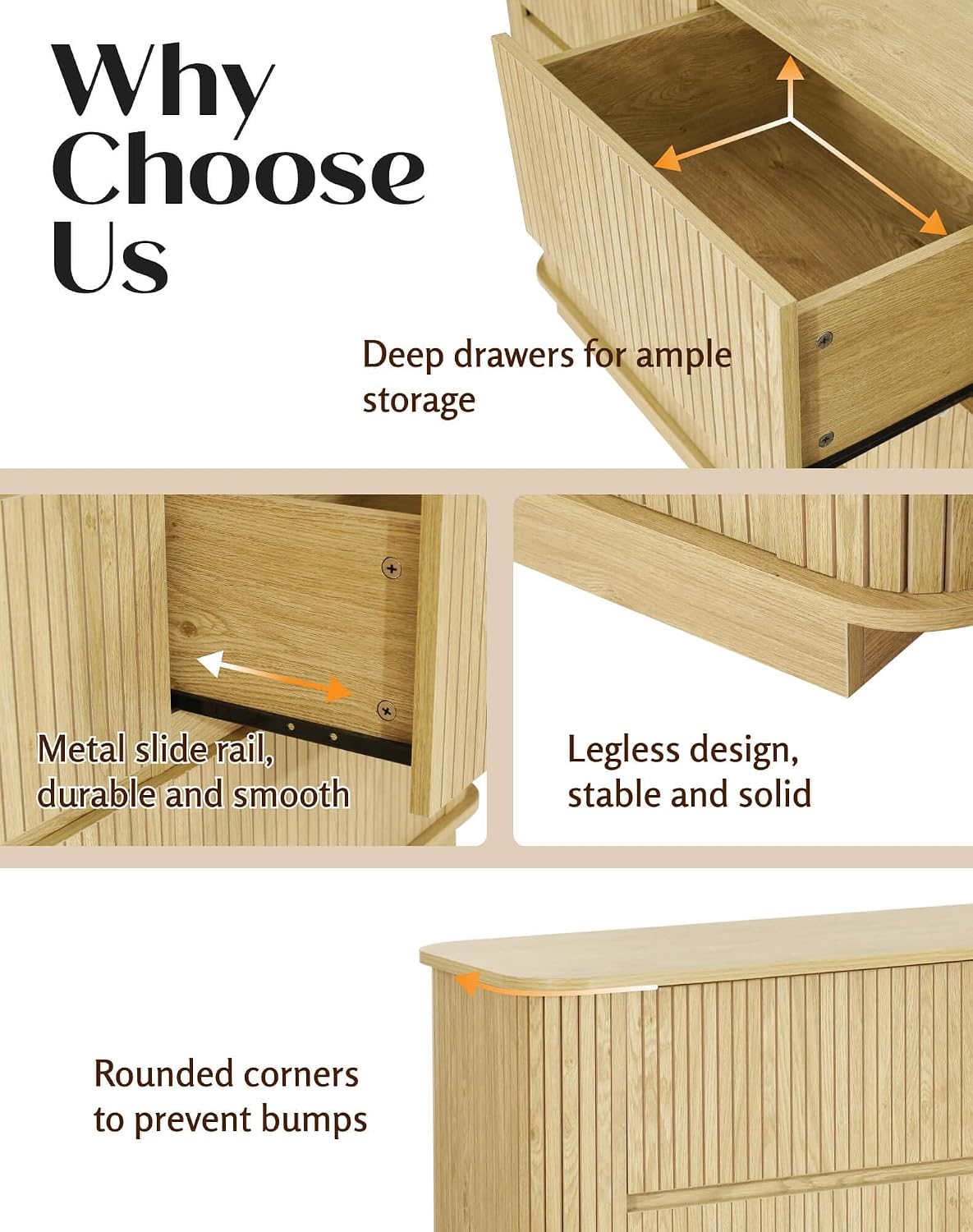 Fluted 6 Drawer Dresser for Bedroom, 47.2' Wide Wood Chests of Drawers with Rounded Corners, Mid Century Modern Closet Clothes Storage Organizer, TV Stand for Living Room, Hallway, Oak