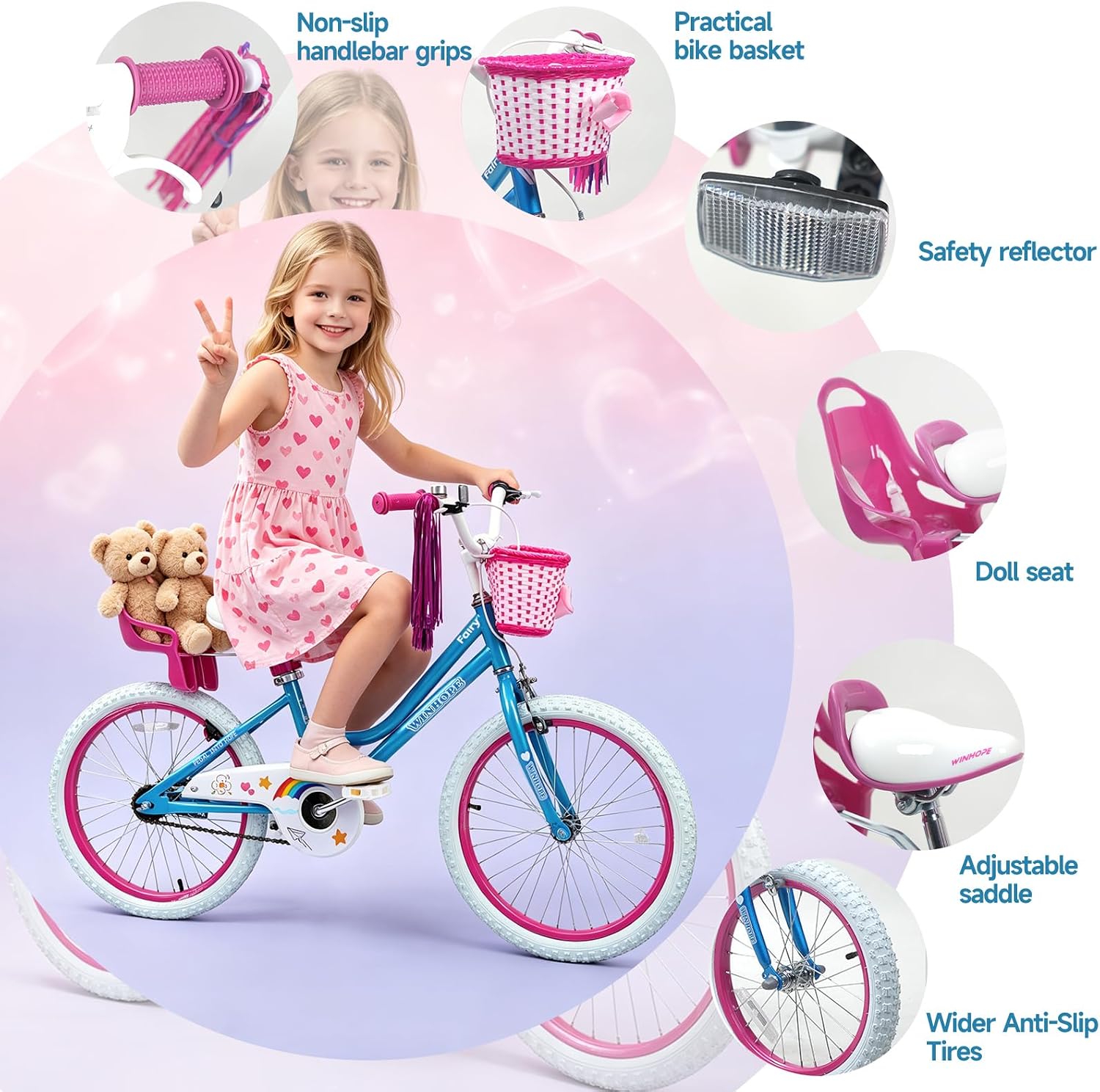 WinHope Girls Bike with Doll Seat, 12 14 16 18 20 Inch Kids Bike for 2-12 | Dual Brake with Training Wheels / Kickstand & Streamers Birthday Gift for Toddler Outdoor Riding, Multiple Colors