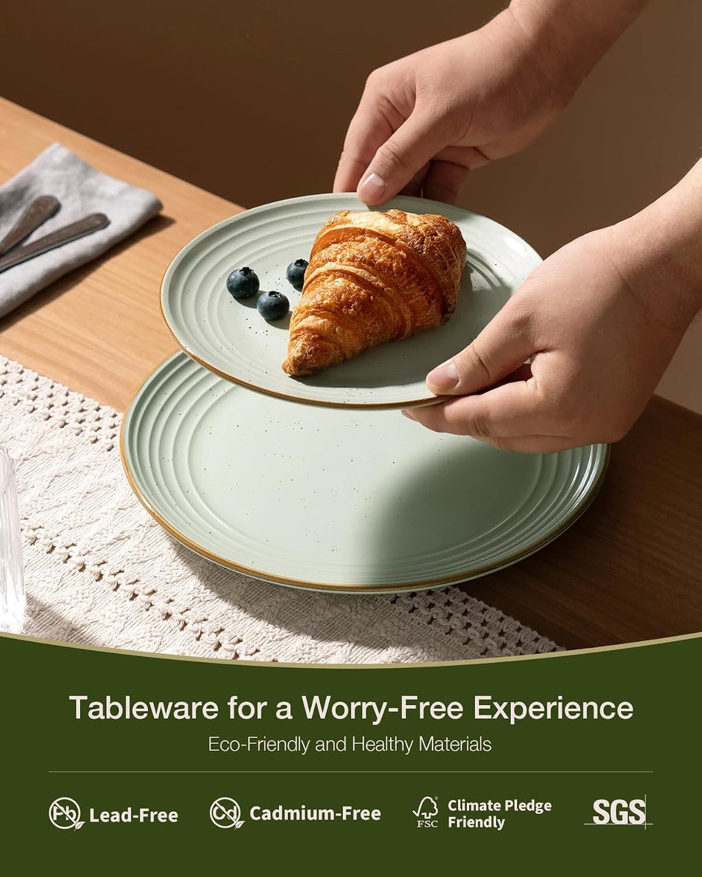Famiware Jupiter 18-Piece Stoneware Dinnerware Sets for 6 – Handcrafted Plates and Bowls with Speckles & Embossed Swirls, Chip & Scratch Resistant, Modern Rustic Dishes for Daily & Formal Use, Green