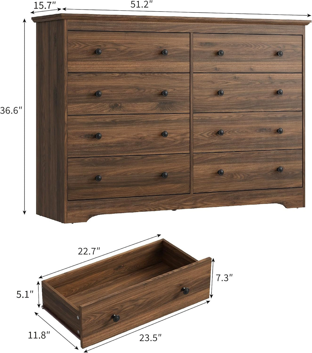 Dresser for Bedroom, 8 Drawer Dresser with Large Drawers, 51 Inch Wide Wood Chest for Living Room, Hallway, Walnut