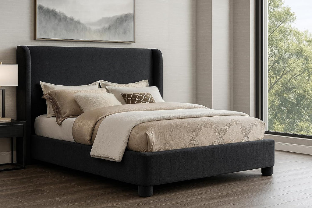 Meridian Furniture B1207Black-F Penny Collection Modern | Contemporary Full Bed with Rich Black Chenille Fabric, Curved Headboard, 67.5' W x 82.5' D x 52' H, Black, Full