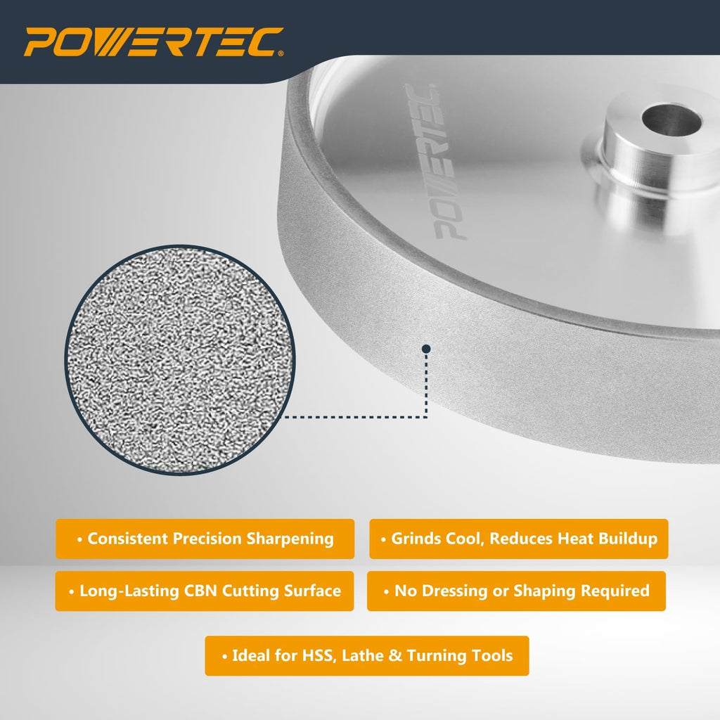 POWERTEC CBN Grinding Wheel 8 Inch 320 Grit, 1-1/2' Wide, 5/8' Arbor – Bench Grinder Sharpening Wheel for HSS Tools, Lathe Chisels, and Woodturning Tools (15705)