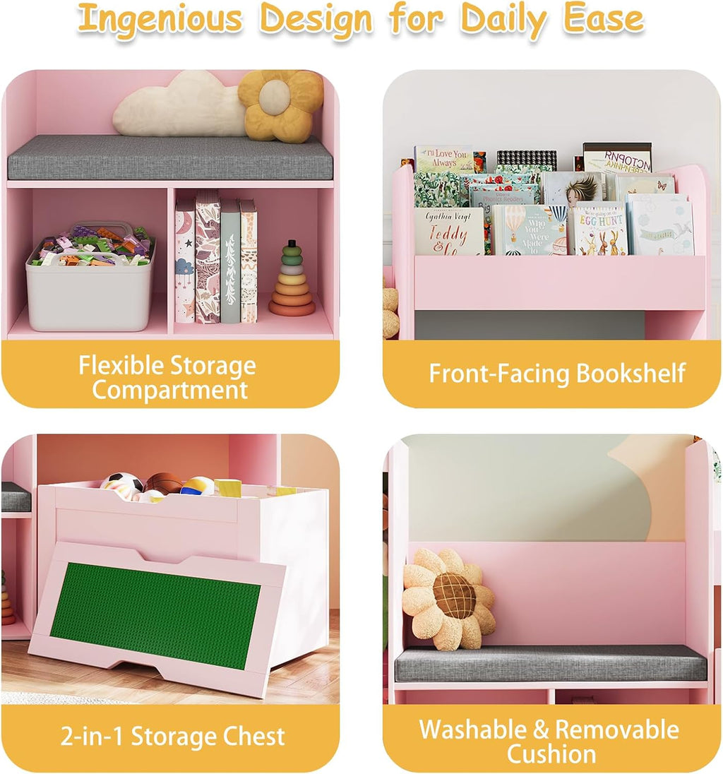 68.9'W Kids Toy Storage, Large Bookshelf with Reading Nook, Removable Building Baseplate Lid for Lego, Rolling Drawers, Stuffed Animal Storage, Bench and Removable Cushions for Playroom(Pink)
