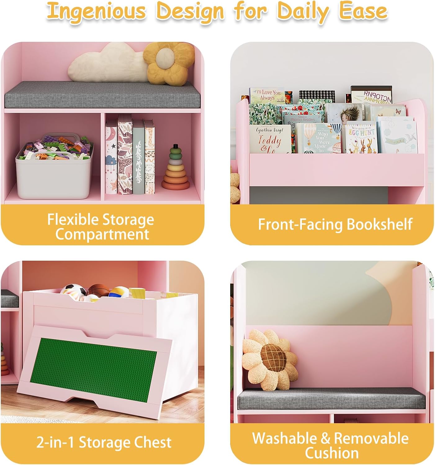 68.9'W Kids Toy Storage, Large Bookshelf with Reading Nook, Removable Building Baseplate Lid for Lego, Rolling Drawers, Stuffed Animal Storage, Bench and Removable Cushions for Playroom(Pink)