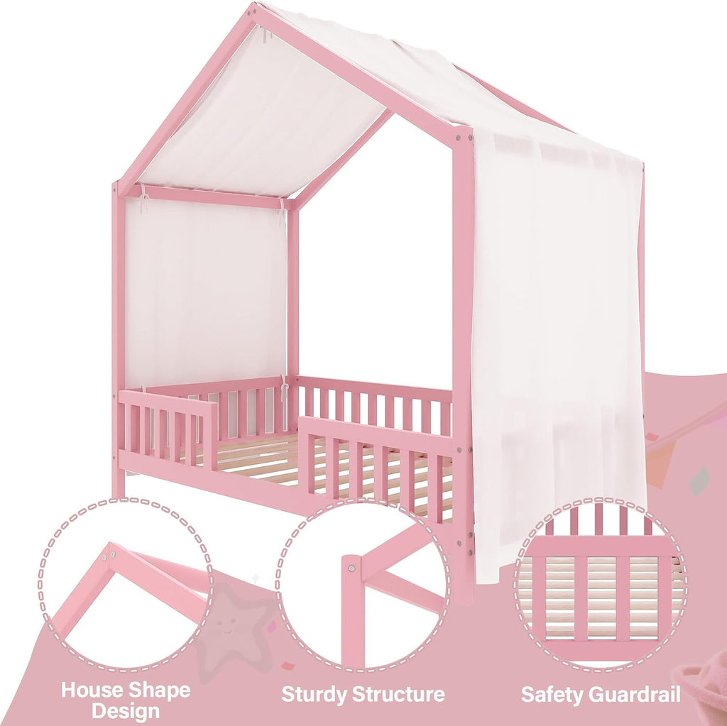 Twin Montessori Floor House Bed with High Rails, Wood Kids Low Floor Bed with Roof & Canopy, Montessori Twin Kids Bed Frame for Girls, Boys,No Box Spring Needed, Pink