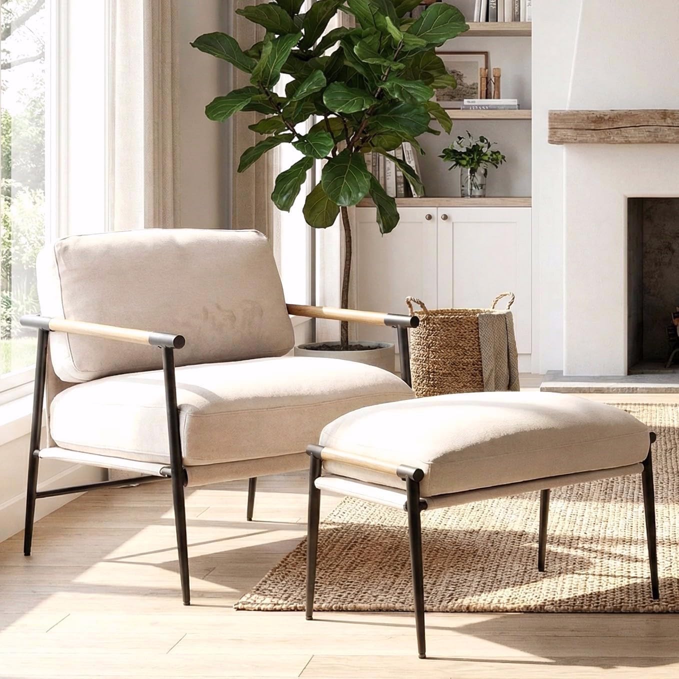 DUOMAY Mid Century Modern Accent Chair with Ottoman Set, Chenille Beige Upholstered Living Room Chair with Metal Legs Lazy Lounge Chair Set with Footrest for Bedroom Living Room