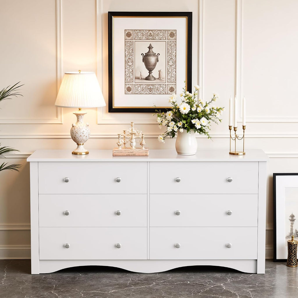 JUMMICO Dresser for Bedroom, 6 Wood Dresser Drawers, Wide Chest of Drawers, TV Stand, Modern Design for Bedroom, Living Room, Hallway, Entryway (White)