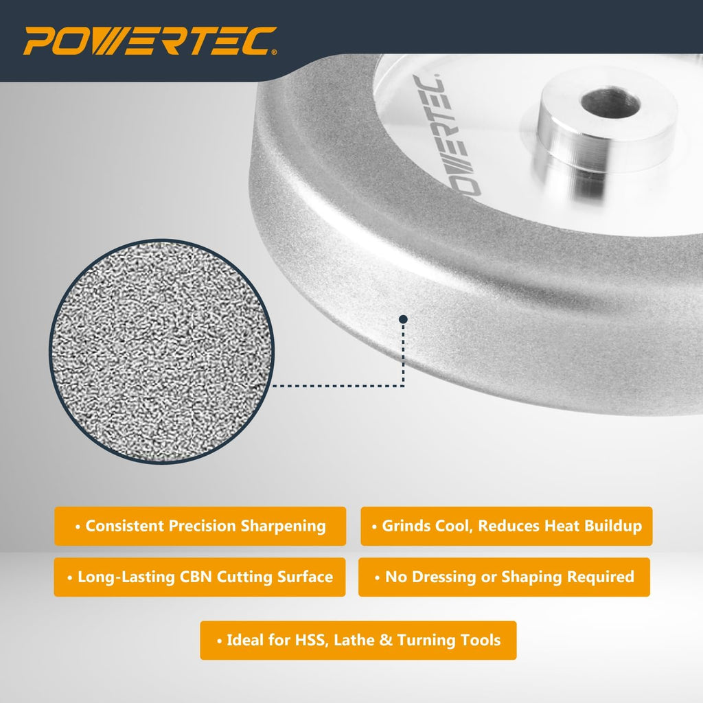 POWERTEC CBN Grinding Wheel 6 Inch 320 Grit, 1-1/4' Wide, 1/2' Arbor – 4-in-1 CBN Sharpening Wheel with 1/4' Radius Edge and Side Face for Bench Grinder (15708)