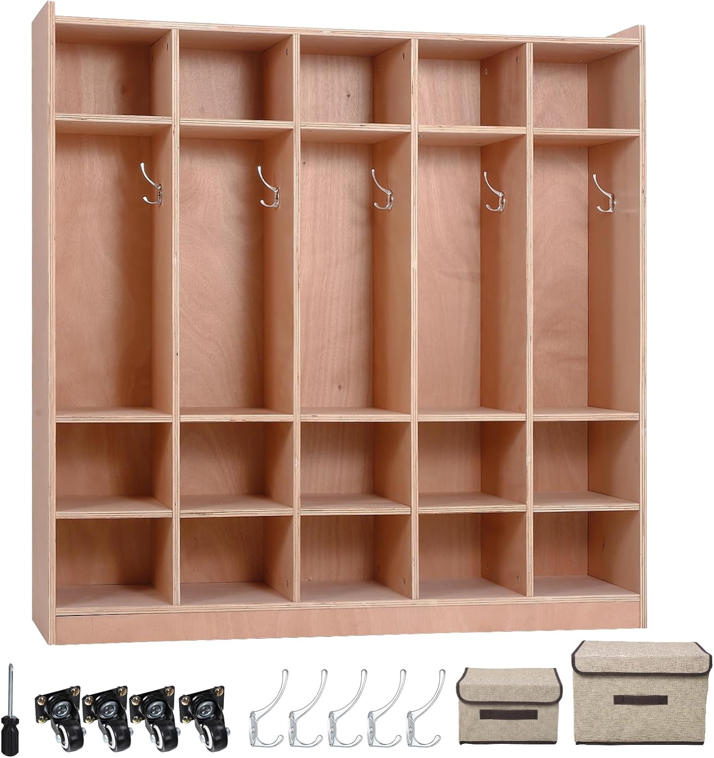 Garvee 5-Section Classroom Coat Locker, 15 Cubbies for Classrooms with Anti-tip Anchors, Daycare Cubby with 4 casters, 5 Hooks and 2 Storage Boxes, for Home/School/Kindergarten