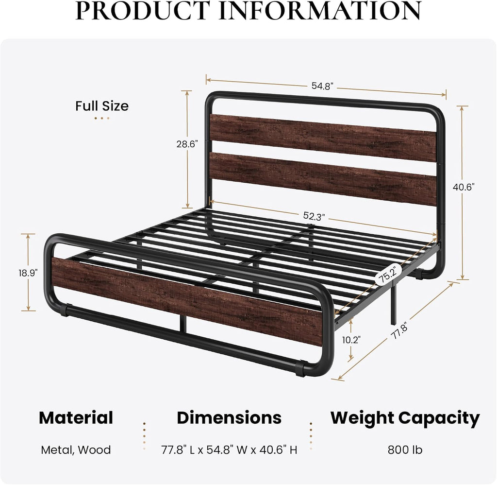 SHA CERLIN Full Size Metal Bed Frame with Wooden Headboard and Footboard, Heavy Duty Oval-Shaped Platform Bed Frame with 10' Under-Bed Storage, Noise Free, No Box Spring Needed, Mahogany