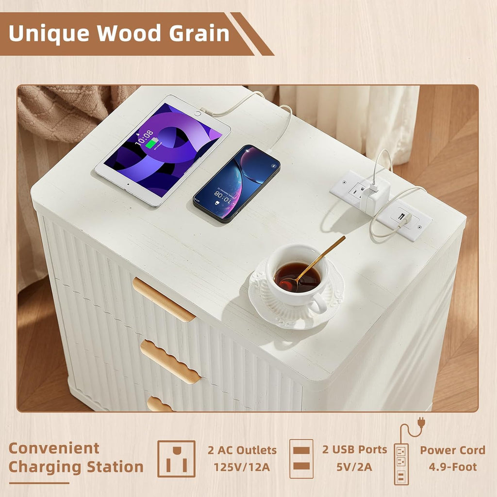 LEYAOYAO 23' Wide Fluted Night Stand with Charging Station,3 Drawers Large End Table with Storage,White Nightstand Wood Bedside Tables, Farmhouse Cabinet Dresser for Bedroom,Closet
