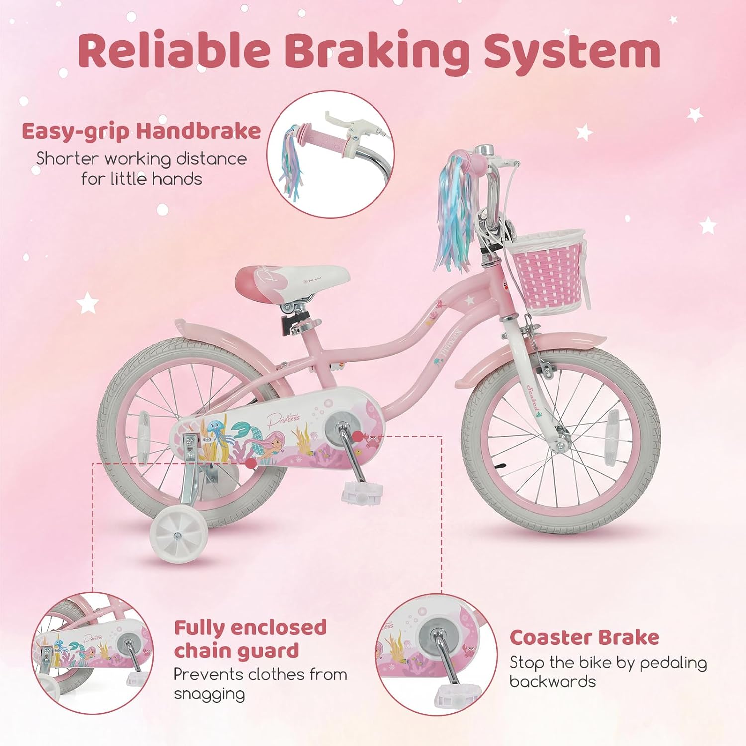 BABY JOY Kids Bike, 12' 14' 16' 18' Mermaid Girls Bike for 3-8 Years Old w/Basket, Training Wheels, Hand & Coaster Brakes, Adjustable Seat & Handlebar, 20' Children Bicycle with Kickstand for 8+