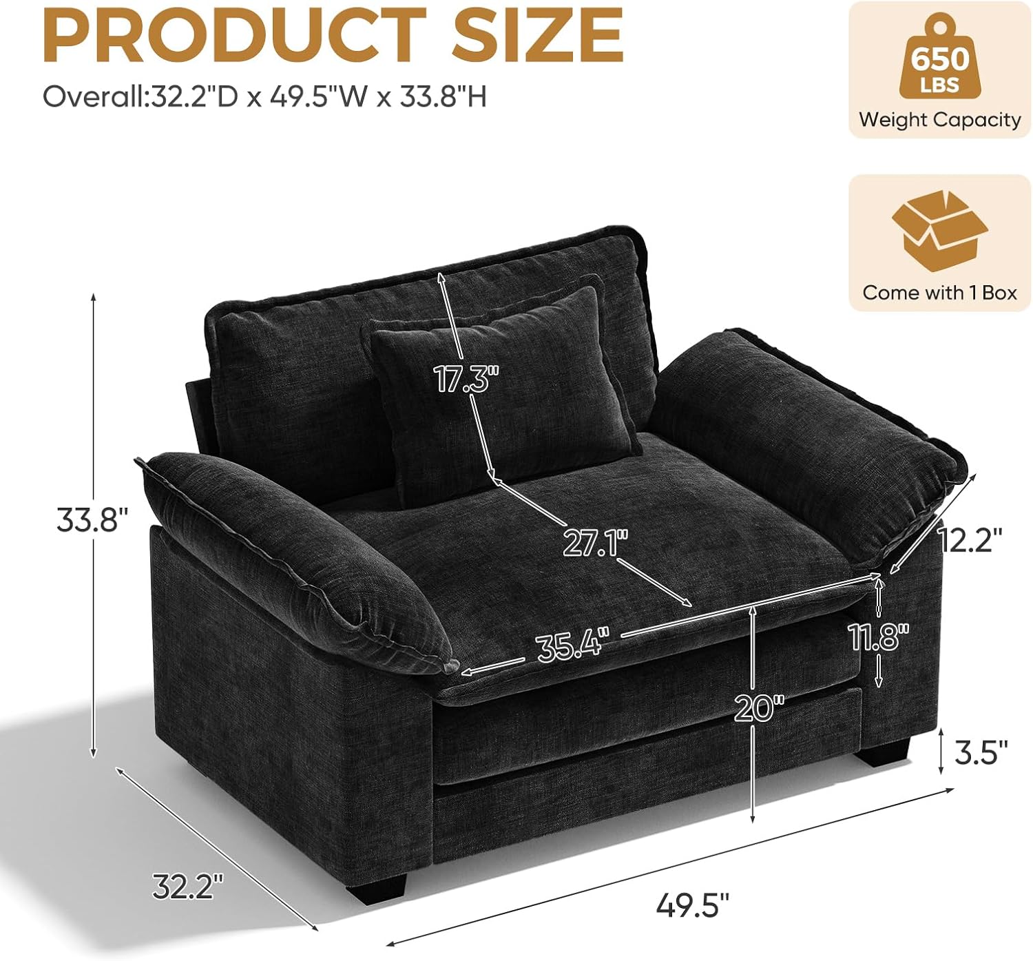 HUSFU Oversized Accent Chair, Chenille Cloud Sofa Chair with Deep Seat and Extra Wide Armrests, Comfy Reading Armchair for Living Room, Bedroom, Black, Set of 2