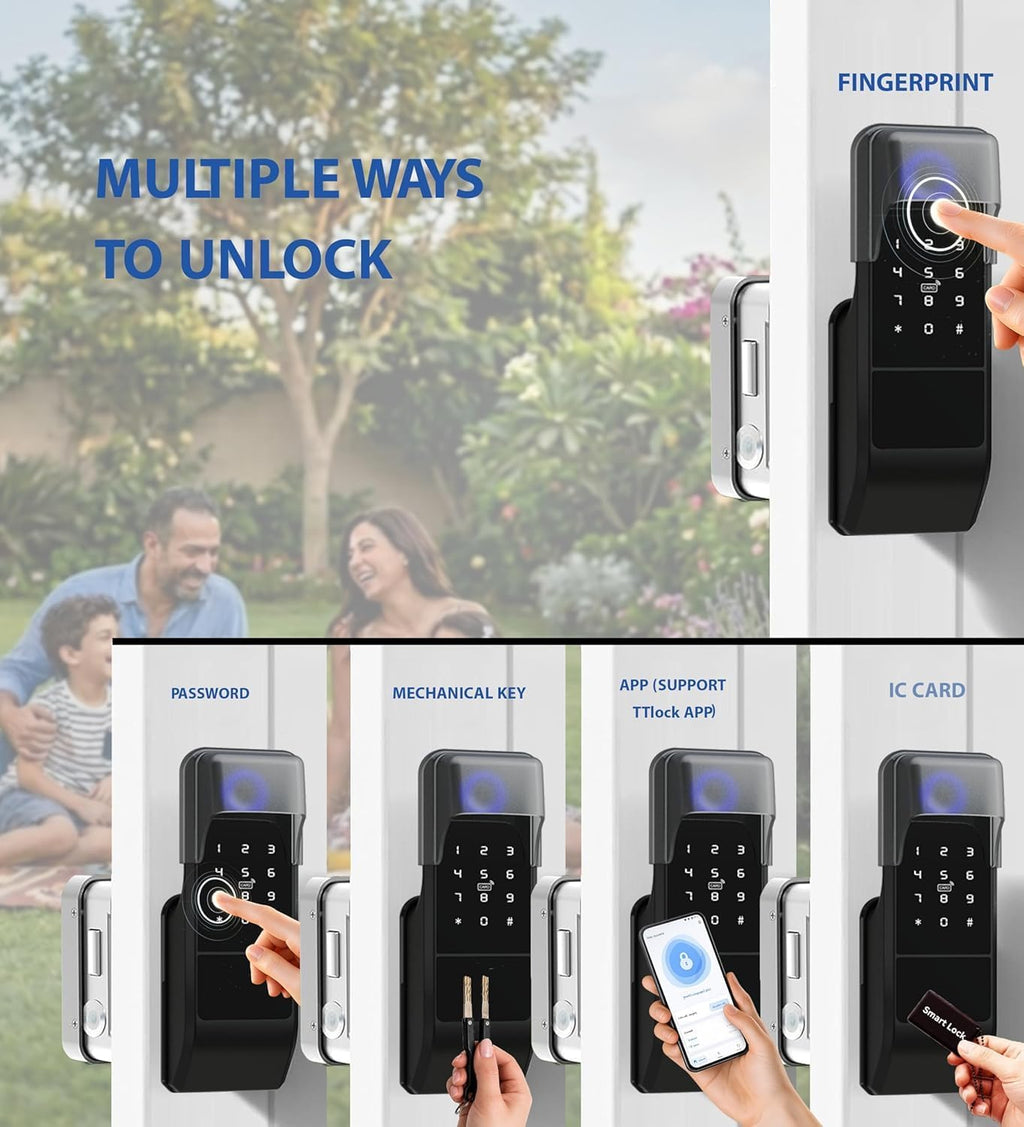Smart Latch Double Side Gate Lock, Keyless Fingerprint Rim Lock with Keypad, Password & IC Card - Waterproof Electronic Digital Door Deadbolt for Outdoor Fence (Black Waterproof)