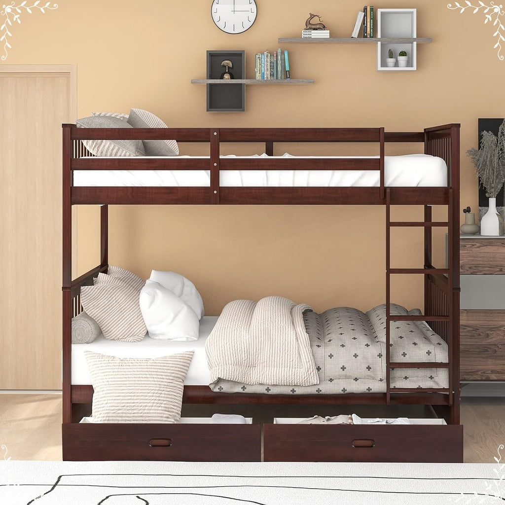 Kids Twin Bunk Bed, Full Size Bed Frame with Drawers Full Over Full with 2 Drawers Ladder and Rail Guard Wood Slats for Boys and Girls Bedroom