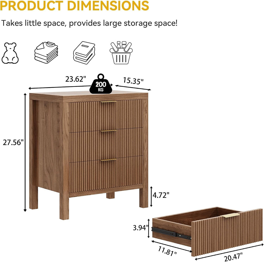 6 Drawer Dresser for Bedroom, Large Fluted with Wide Drawers and Golden Handles, Storage Organizer, Modern Wooden Dresser Chest for Bedroom Living Room, Walnut