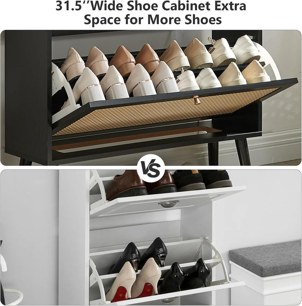 Shoe Storage Cabinet with 2 Flip Drawer Natural Rattan Shoe Cabinet Organizer Freestanding Wooden Shoe Rack Storage Cabinet with Metal Legs for Entryway Hallway Bedroom Mudroom(Black)