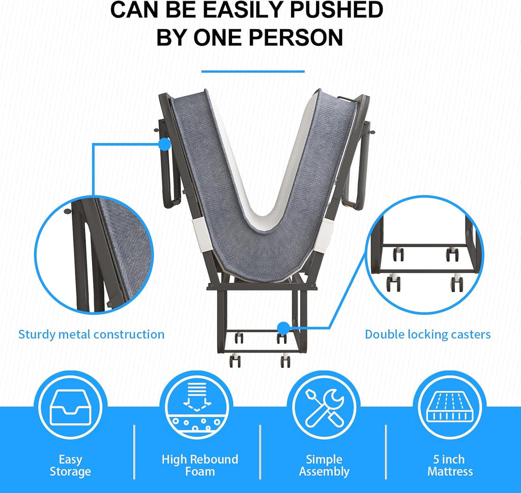 PUREMIND Folding Bed with Mattress for Adults, Portable Rollaway Guest Beds with 5' Memory Foam Mattress & Metal Frame, Twin Size Foldable Beds Fold Away Bed Space Saving