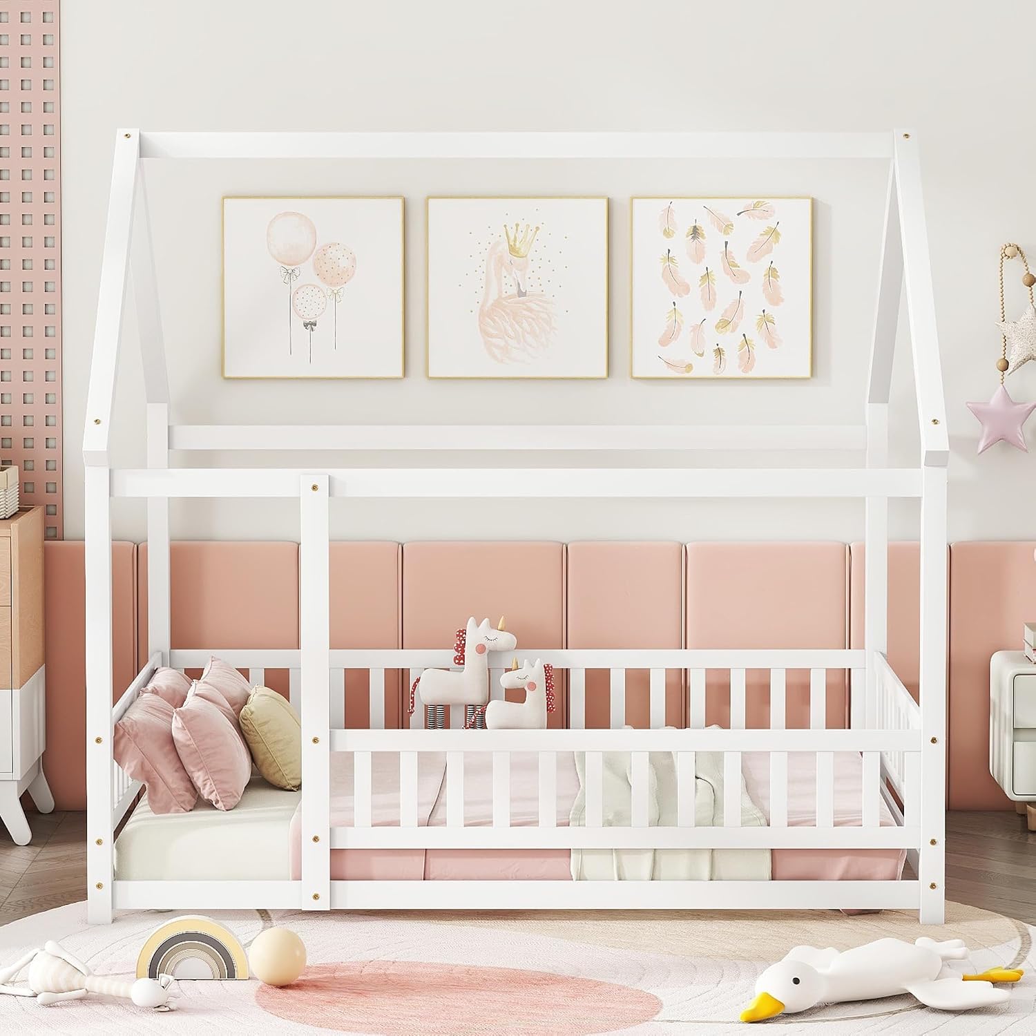 Bellemave Full Size House Floor Bed,Wooden Montessori Bed with Fence and Roof for Kids,Playhouse Full Bed Frame for Girls,Boys(Full,White)
