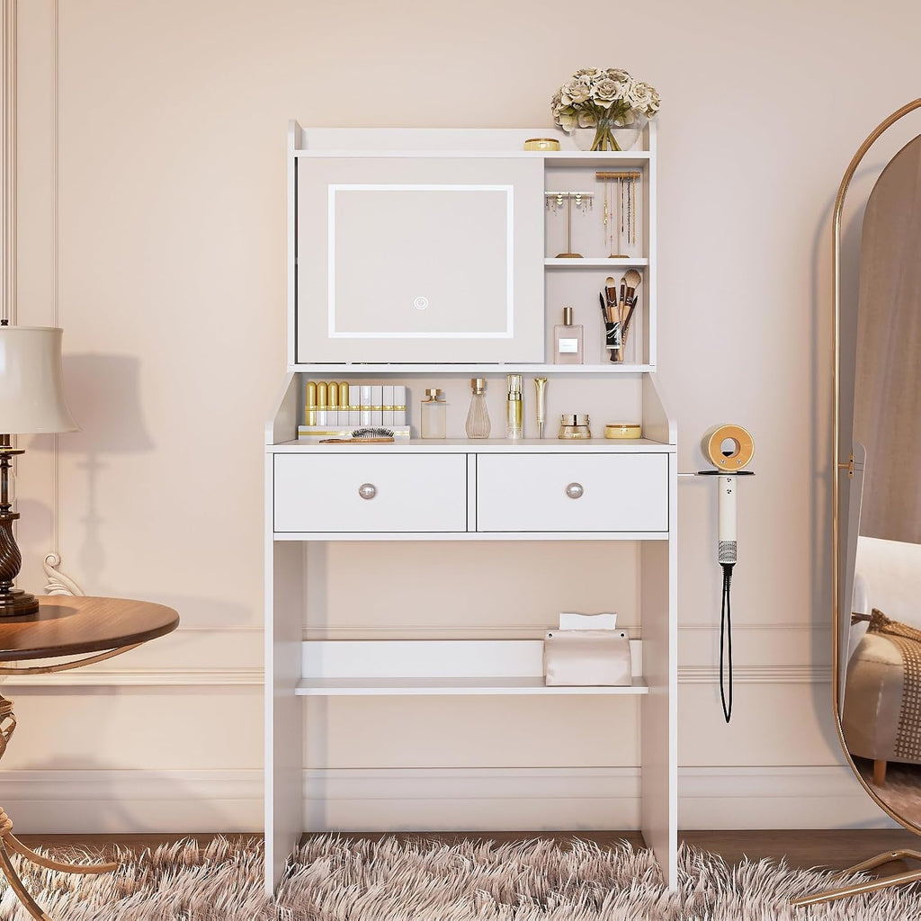 Viaozutis Vanity, Small Vanity Desk with Sliding Mirror, Dimmable LED Lights, 2 Drawers,Vanity Table Ideal for Bedroom (White)