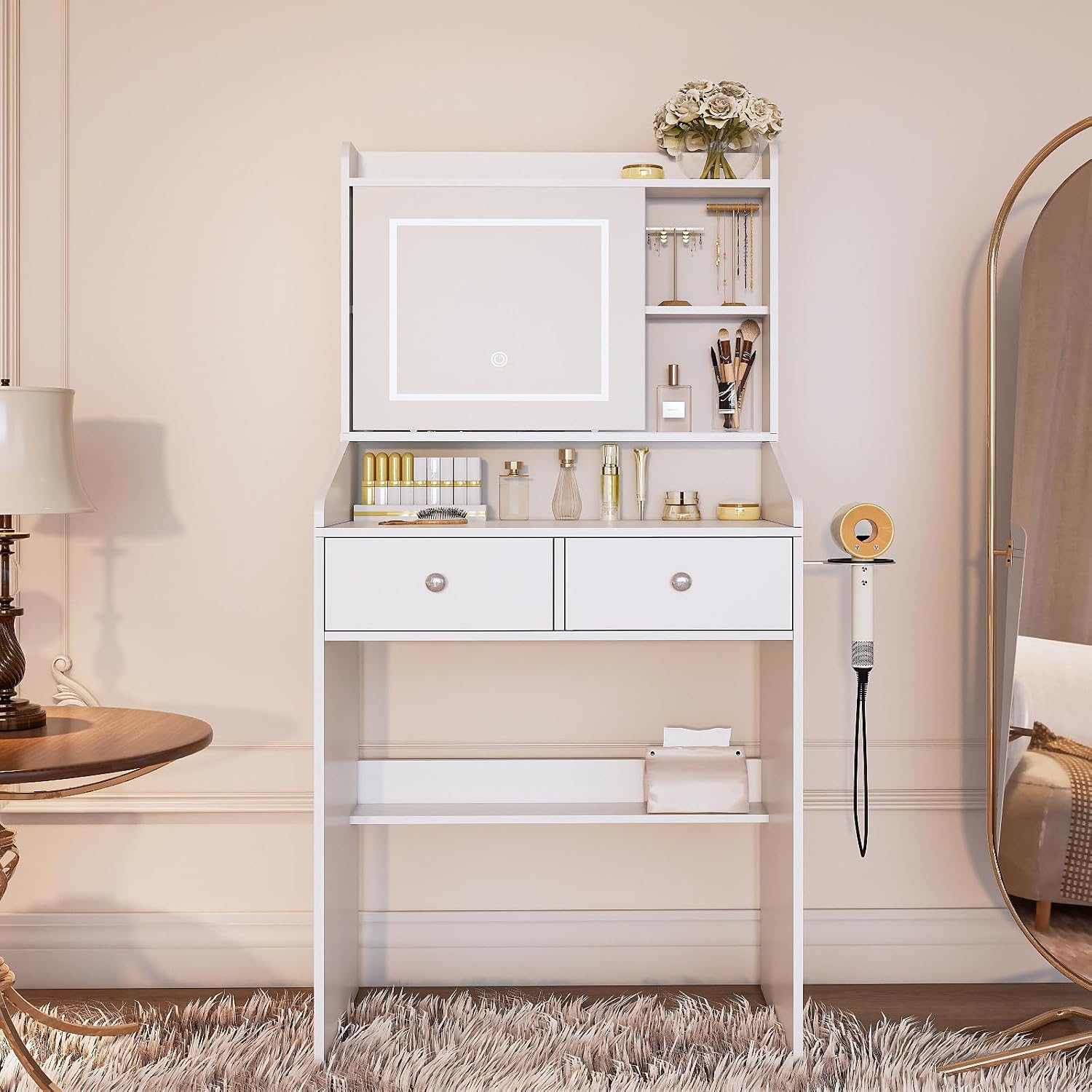 Viaozutis Vanity, Small Vanity Desk with Sliding Mirror, Dimmable LED Lights, 2 Drawers,Vanity Table Ideal for Bedroom (White)