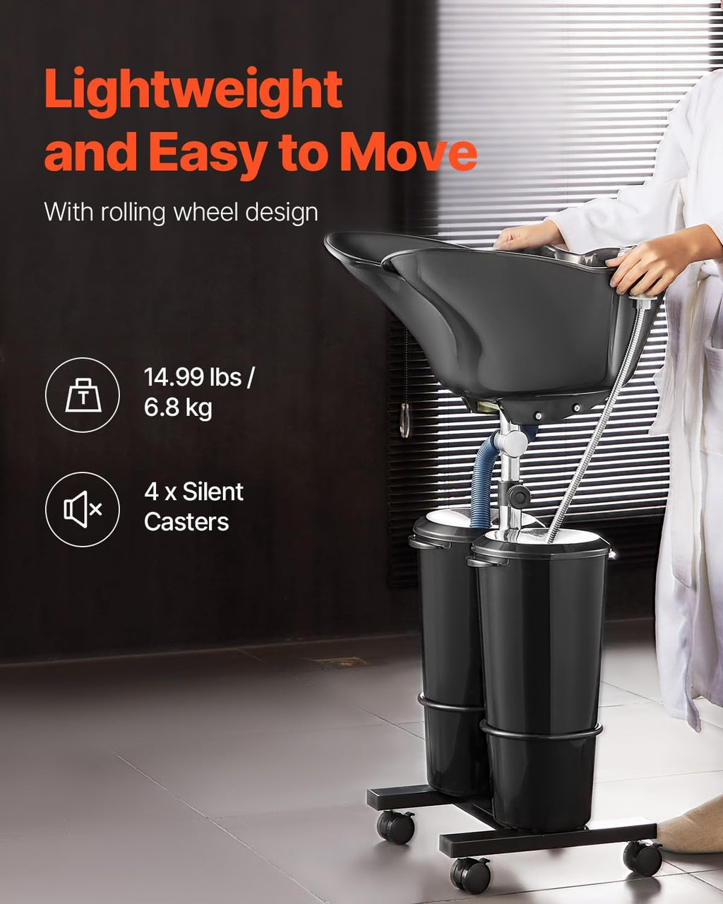 VEVOR Portable Shampoo Bowl, Shampoo Sink for Washing Hair with Electric Pump, Includes 2 Buckets 2 Showerheads, Drain Hose, Height and Angle Adjustable Portable Wash Bowl for Home Salon Use, Black