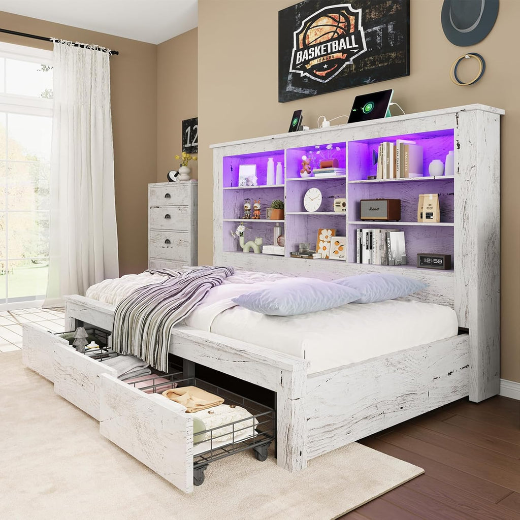 Jocisland Twin Bed Frame with Storage Drawers, Bookcase Headboard, USB Charging, RGB Lights, Farmhouse Wood Daybed No Box Spring Needed, Distressed White | 49' tall shelving
