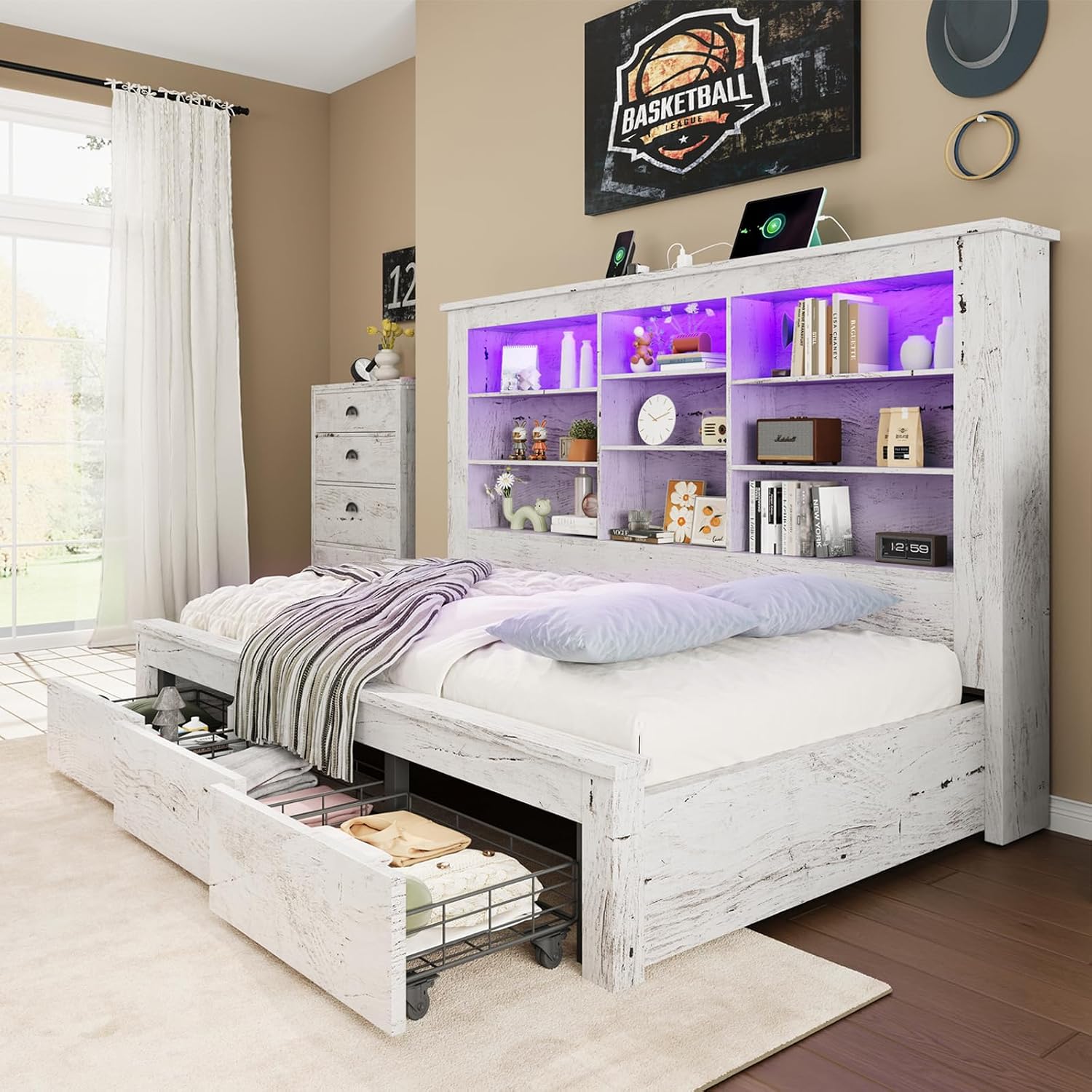 Jocisland Twin Bed Frame with Storage Drawers, Bookcase Headboard, USB Charging, RGB Lights, Farmhouse Wood Daybed No Box Spring Needed, Distressed White | 49' tall shelving