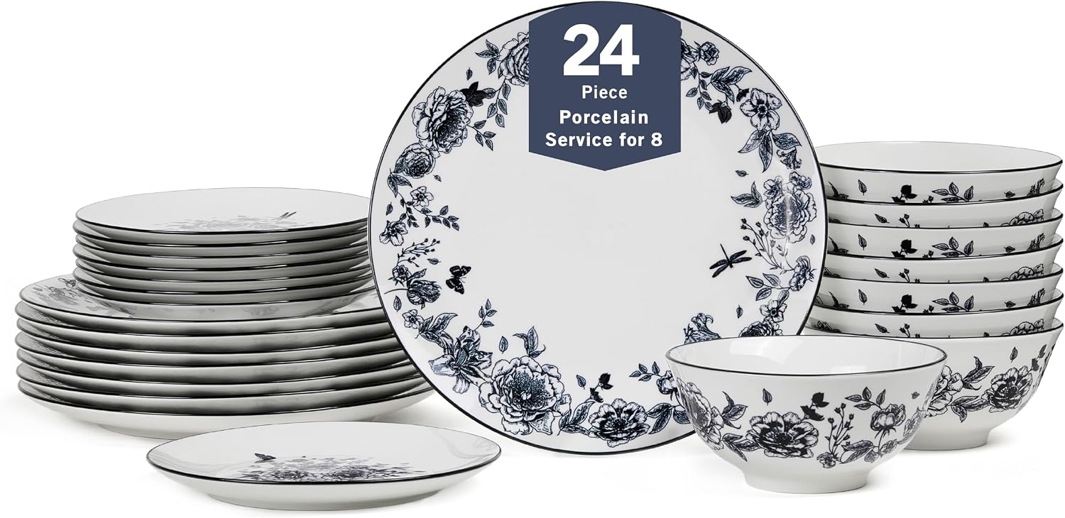 Stone Lain Esme 24-Piece Dinnerware Set Porcelain, Plates and Bowls Set, Dish Set for 8, Microwave and Dishwasher Safe, Black