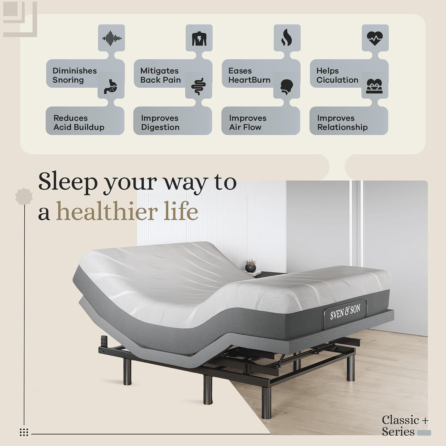 Sven & Son Harmony Adjustable Bed Base, Head and Foot Lift, Massage, Under-Bed Lights, USB, Gel Memory, Zero Gravity Smart Frame - Queen + 12 inch Memory Foam Matt (Medium)