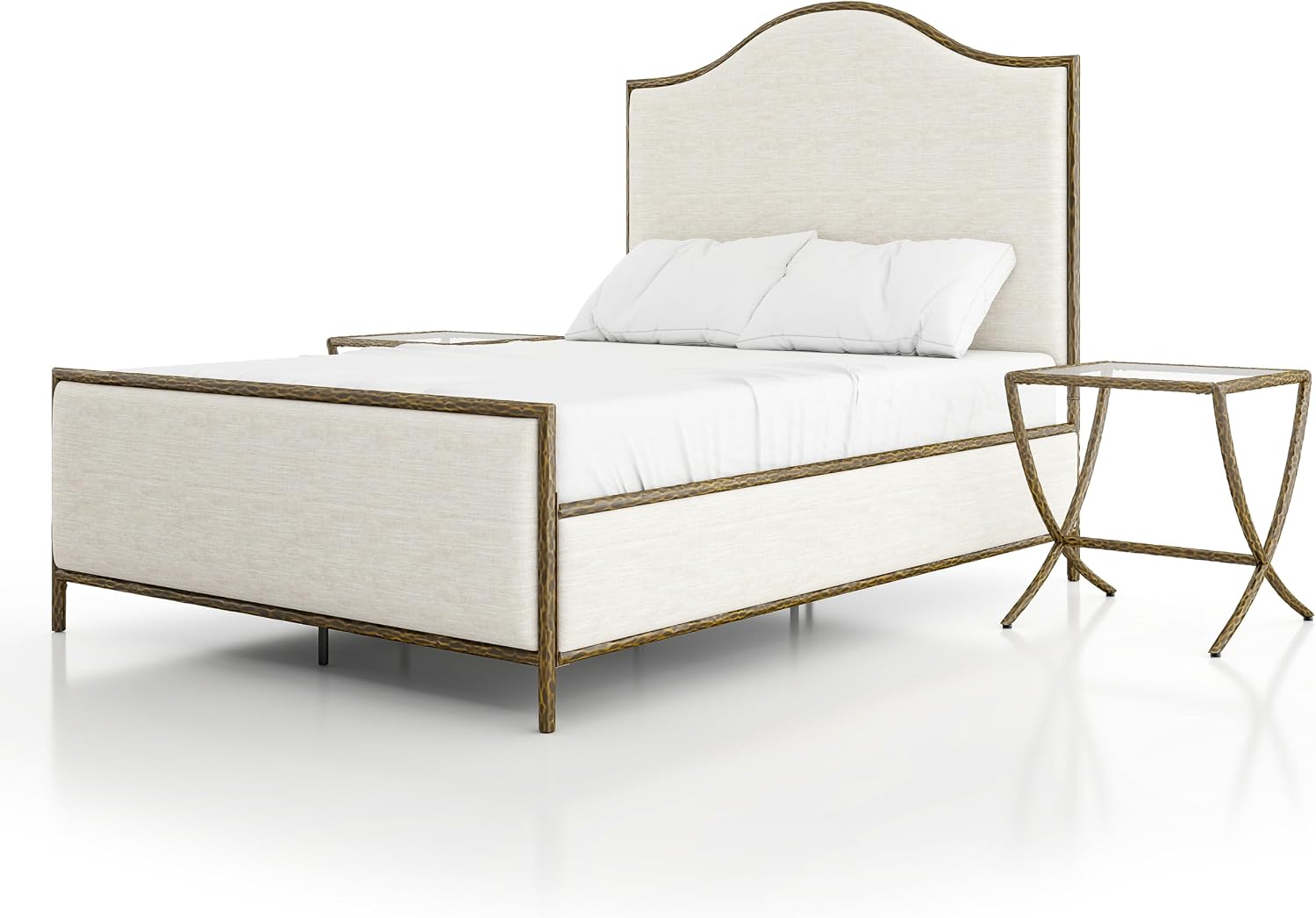 24/7 Shop at Home Lalia Hammered Metal 3-Piece Bedroom Collection, Upholstered Bed Frame with Camelback Headboard, Forged Steel and Curved Nightstands, Foundation Required, Queen, Matte Gold