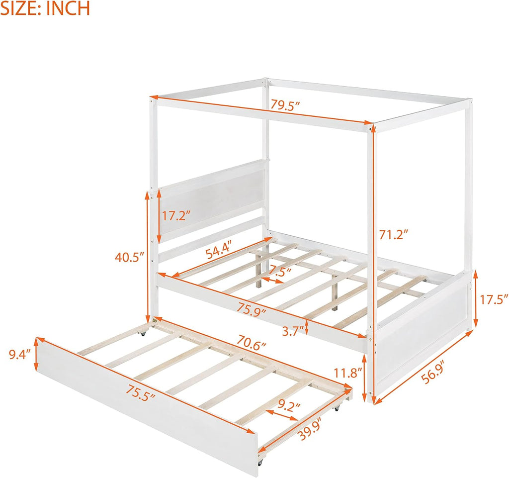 CITYLIGHT Full Size Canopy Bed Frame with Trundle Bed,Wooden Canopy Trundle Bed with Support Slats,Four Post Bed with Headboard for Kids Girls Boys,Brushed White