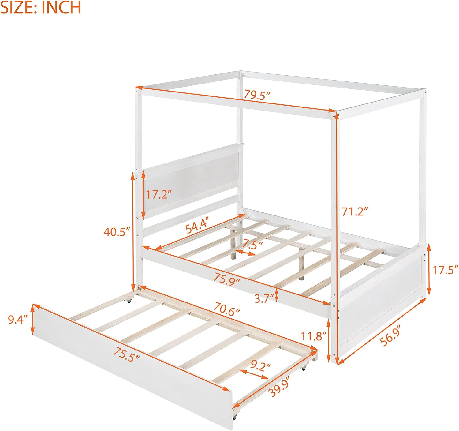 CITYLIGHT Full Size Canopy Bed Frame with Trundle Bed,Wooden Canopy Trundle Bed with Support Slats,Four Post Bed with Headboard for Kids Girls Boys,Brushed White