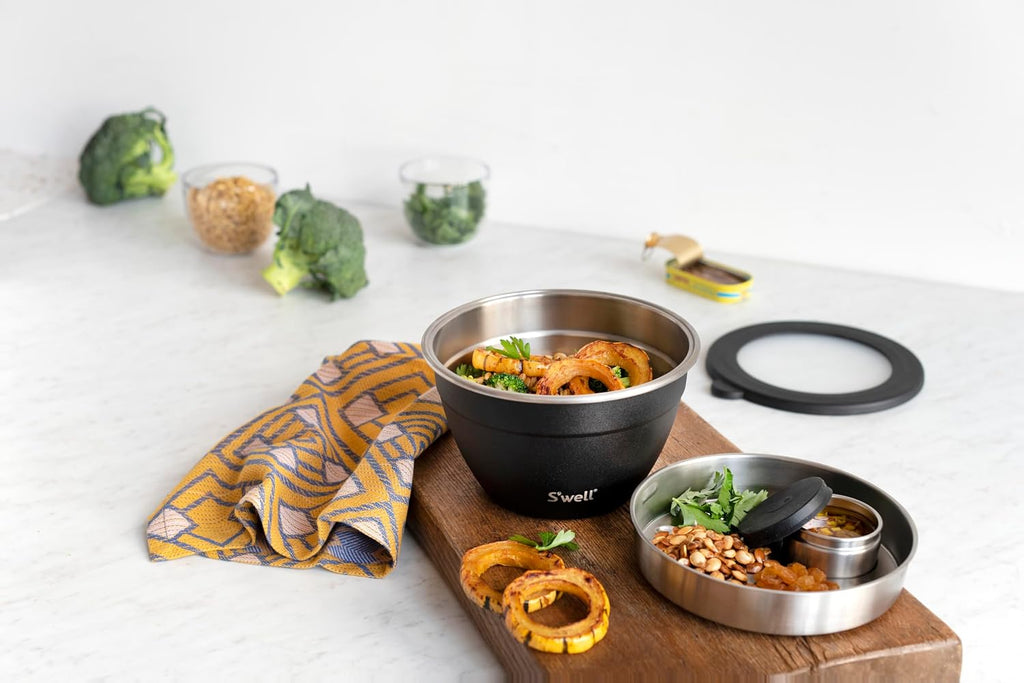 S'well Stainless Steel 64oz Salad Bowl Kit in Onyx,Comes with 2oz Condiment Container and Removable Tray for Organized Serving,Leak-Proof and Dishwasher Safe,(Pack of 8)