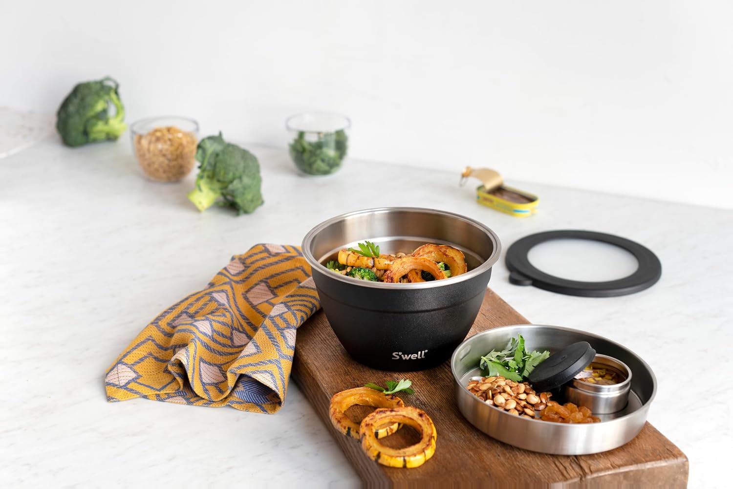 S'well Stainless Steel 64oz Salad Bowl Kit in Onyx,Comes with 2oz Condiment Container and Removable Tray for Organized Serving,Leak-Proof and Dishwasher Safe,(Pack of 8)