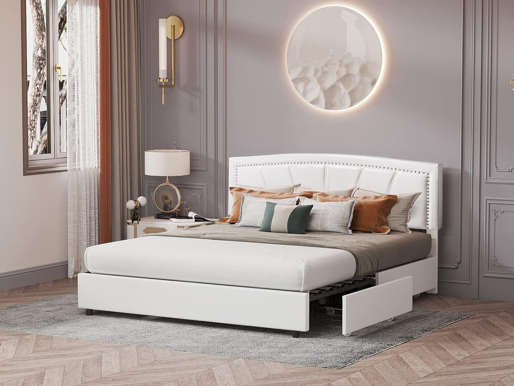 BONSOIR Full Size Storage Bed Frame Upholstered Low Profile Traditional Platform with Tufted and Nail Headboard/No Box Spring Needed/4 Pull Out Drawers/White Faux Leather