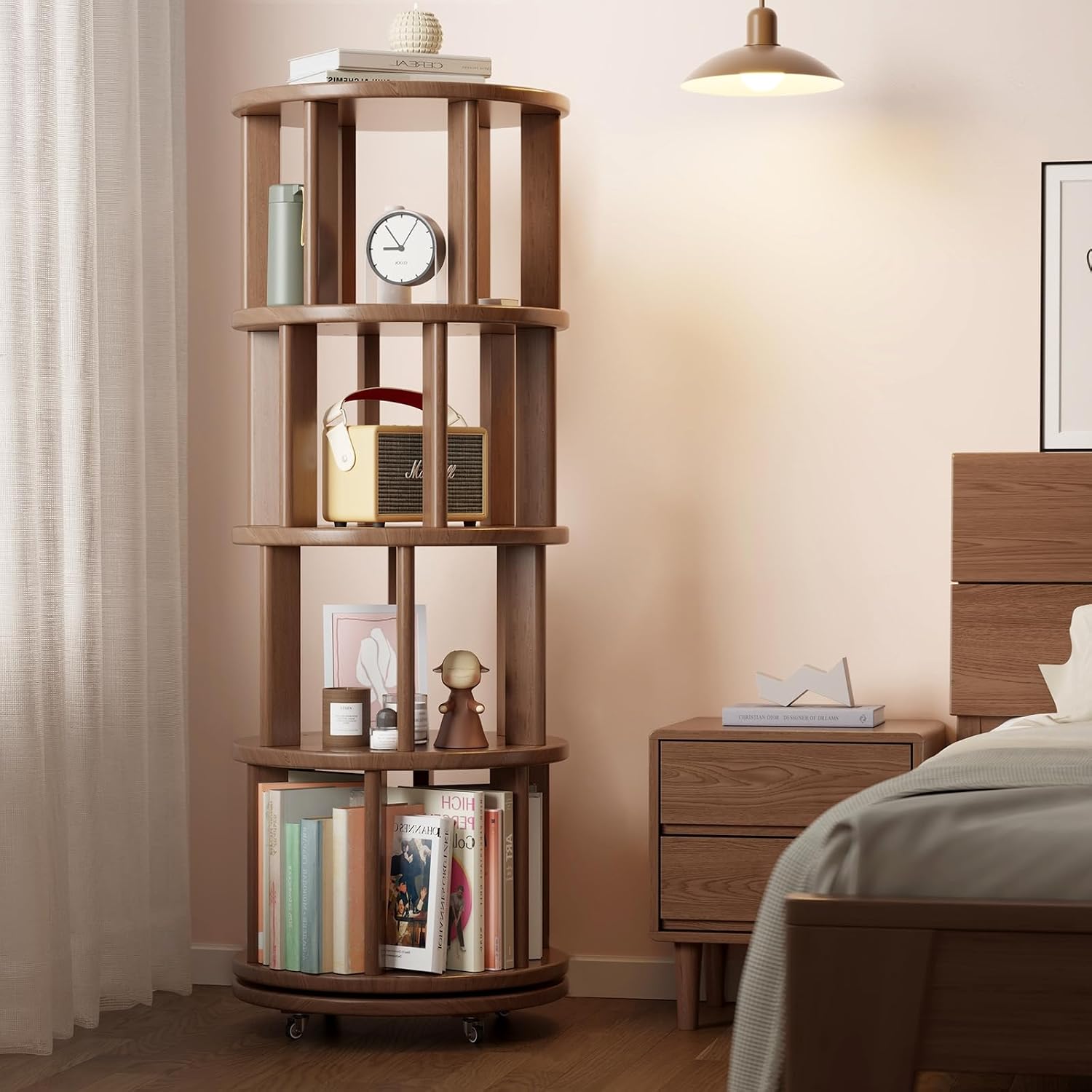 Muwuele Solid Wood Rotating Bookshelf on Wheels, 4 Tier, Round Revolving Bookcase, 360° Spinning Book Shelf Tower for Kids, Narrow Rolling Bookshelves for Small Space, Corner, Bedroom, Office, Walnut