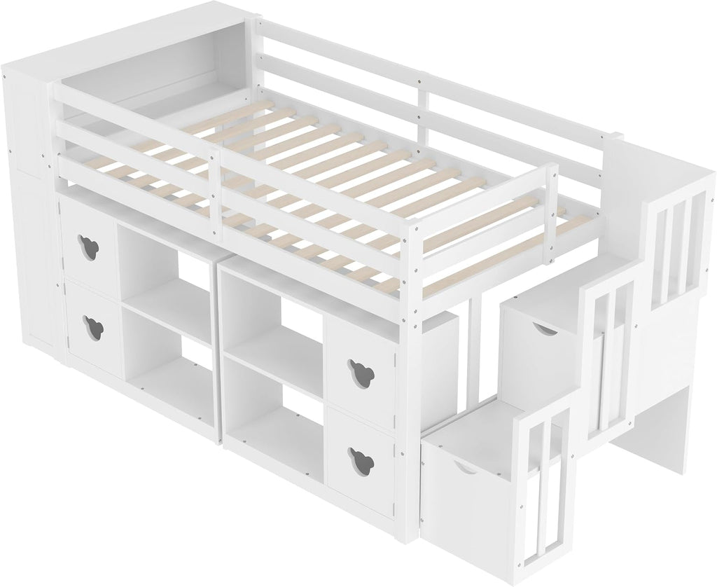 JIVOIT Twin Size Low Loft Bed with Open Shelves, Storage Cabinets, Storage Headboard and Stair, Full-Length Guardrails, No Box Spring Needed (White, 50)